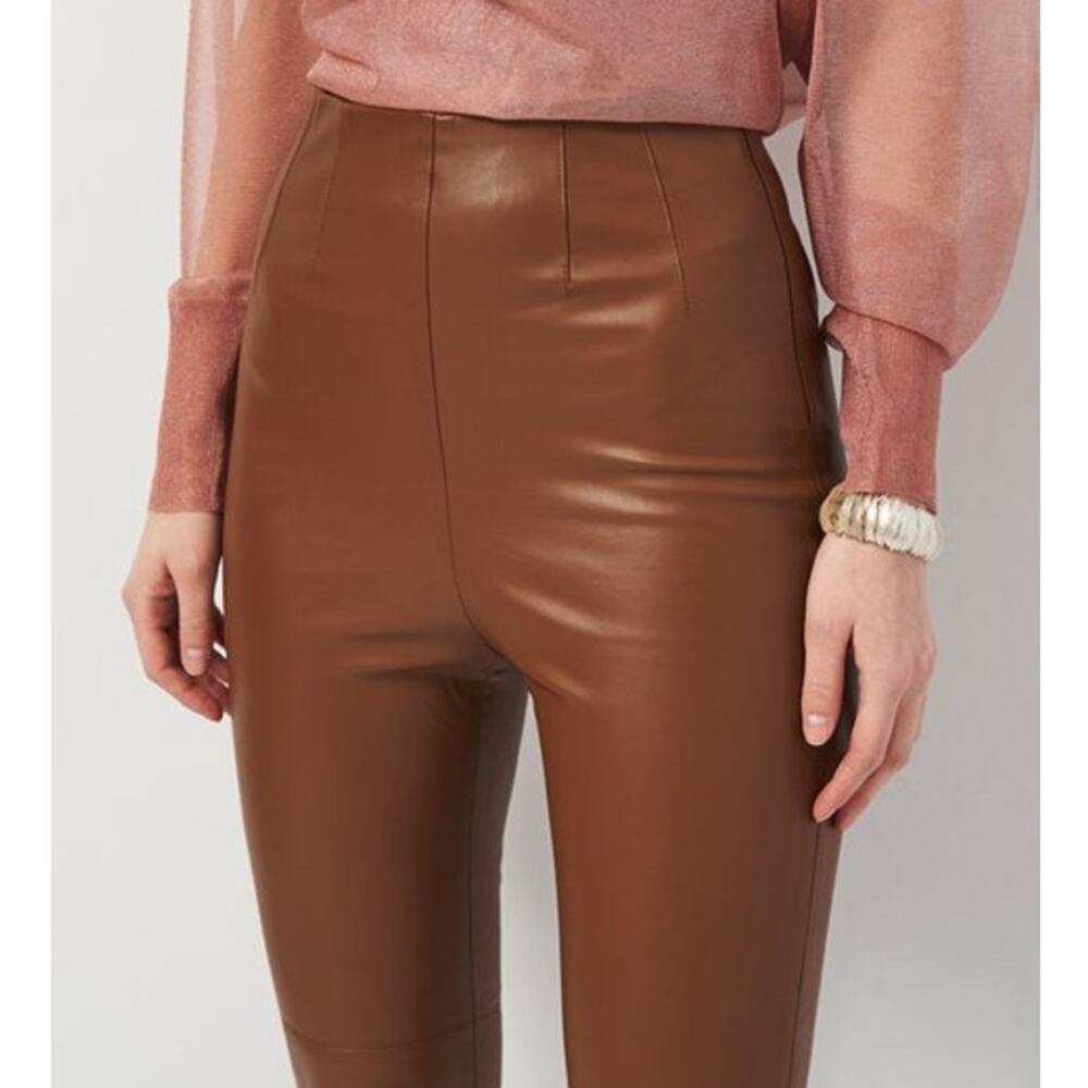 Zara Brown High Waisted Faux Leather Leggings Vegan Cognac Suede Lined Pants - Picture 11 of 14